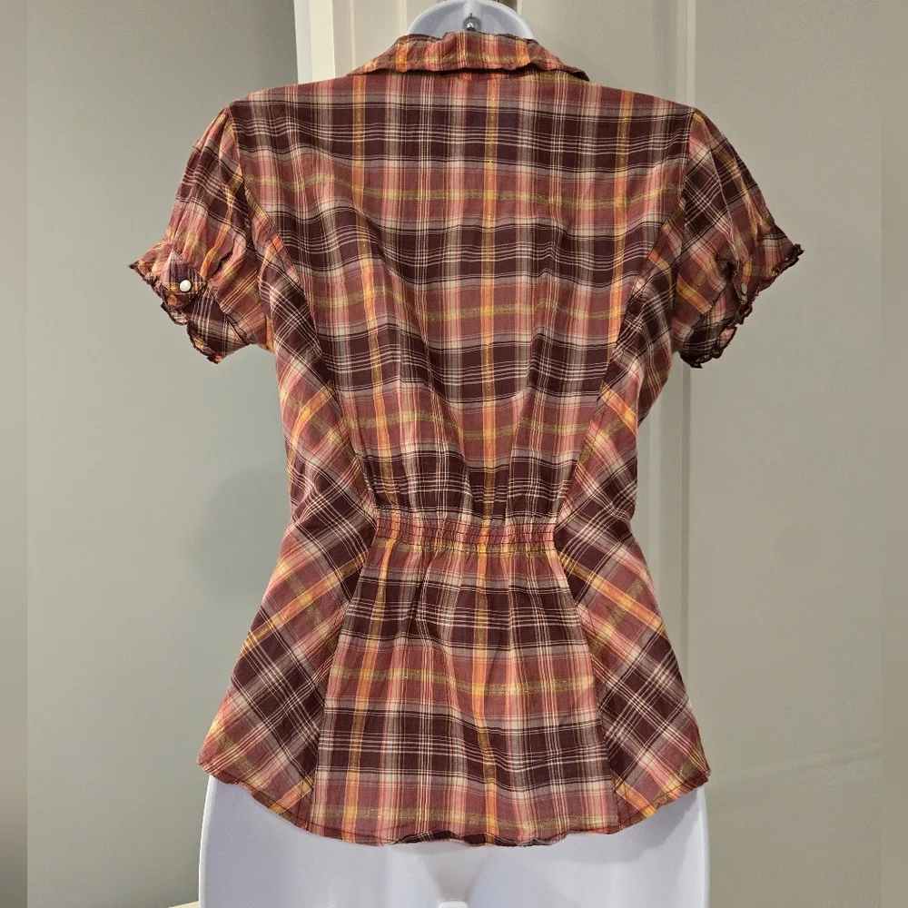 Guess Plaid V-Neck Button-down Shirt With Ruffles size XS. - Picture 3 of 12